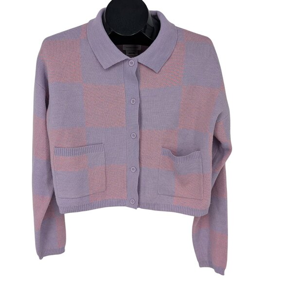 RVCA Knit Cardigan Women Size M Button Up Checkered Cropped Retro Y2K Streetwear - Picture 1 of 10